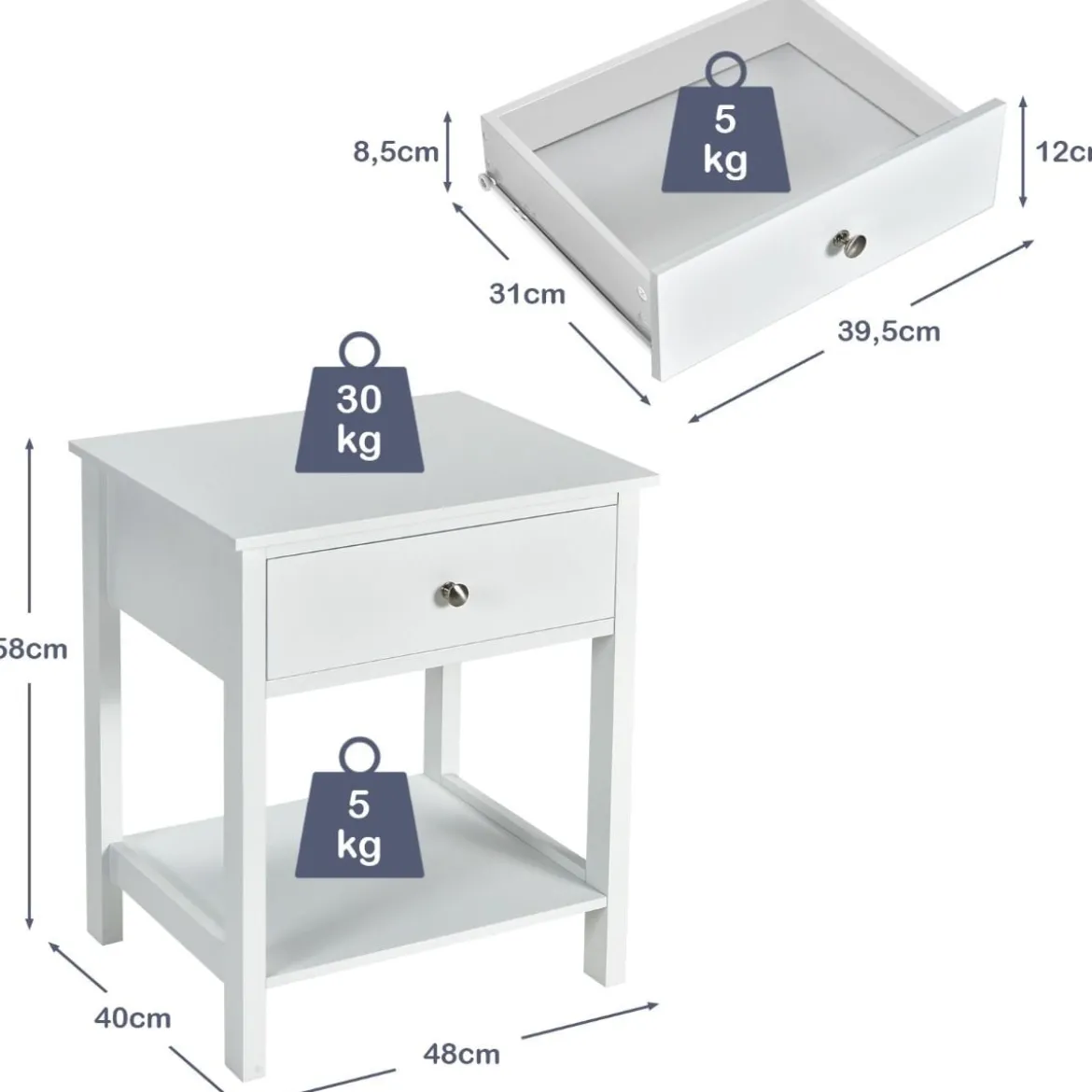 2er Set 2 Ebene Nachttisch mit Schublade Nachtkommode 48 x 40 x 58 cm Weiß