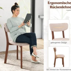 2er Set Esszimmerstühle gepolsterte Küchenstühle mit Rückenlehne Gummiholz Gestell & Sitzkissen 51 x 47 x 82 cm Braun