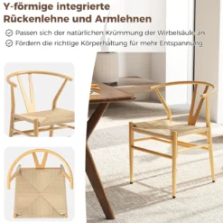 2er Set Esszimmerstühle Küchenstühle mit Y-förmiger Rückenlehne & geflochtenes Rattan-Sitzkissen Akzentstühle stapelbar Natur