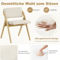 2er Set Esszimmerstühle mit Gummiholzbeinen & Gepolsterter Sitz Klappbarer Küchenstuhl Beistellstuhl