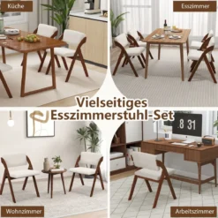 2er Set Esszimmerstühle mit Gummiholzbeinen & Gepolsterter Sitz Klappbarer Küchenstuhl Beistellstuhl