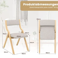 2er Set Esszimmerstuhl mit Gepolsterten Sitzen & Massivholzrahmen Klappstühle Natur