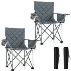 2er Set Faltbarer Campingstuhl mit Kühltasche & Getränkehalter 227KG Belastbar Gepolsterter Angelstuhl Grau