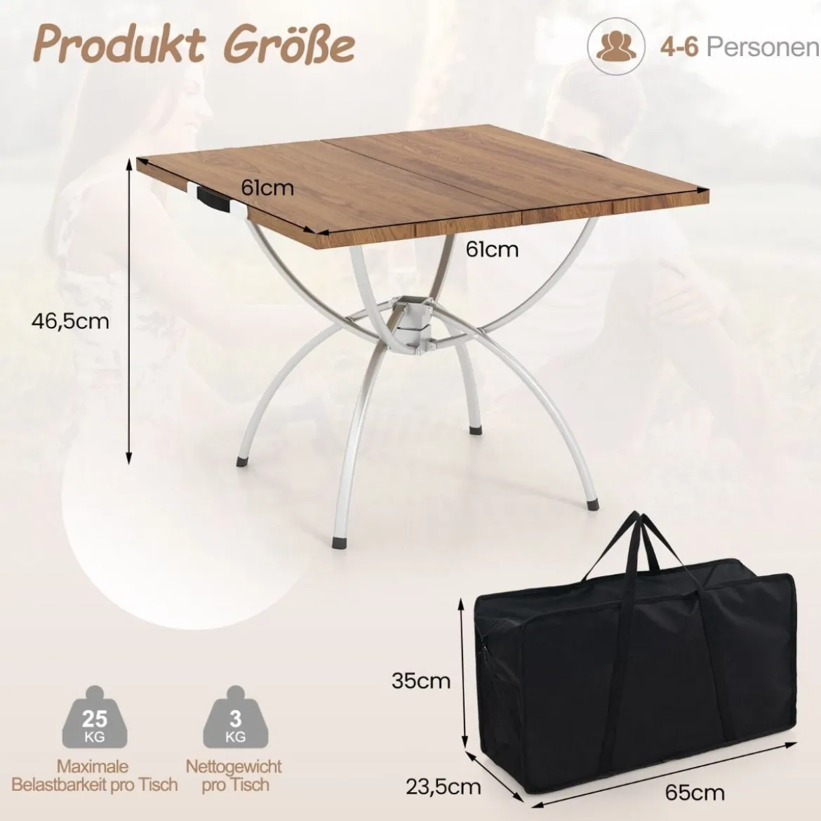 2er Set Faltbarer Campingtisch mit Holzmaserung-Tischplatte & Aluminiumgestell Strandtisch