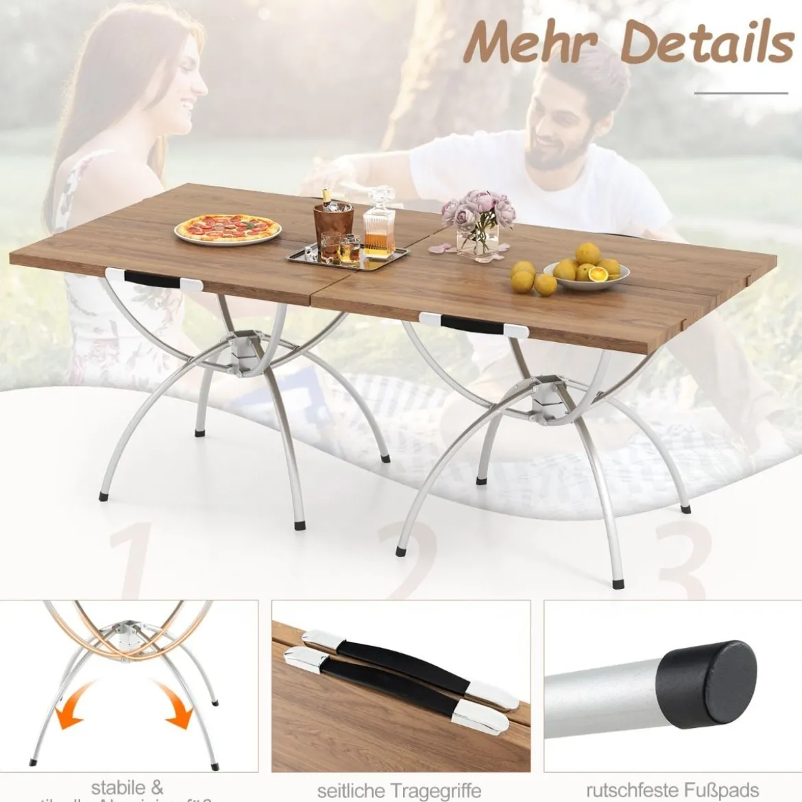 2er Set Faltbarer Campingtisch mit Holzmaserung-Tischplatte & Aluminiumgestell Strandtisch