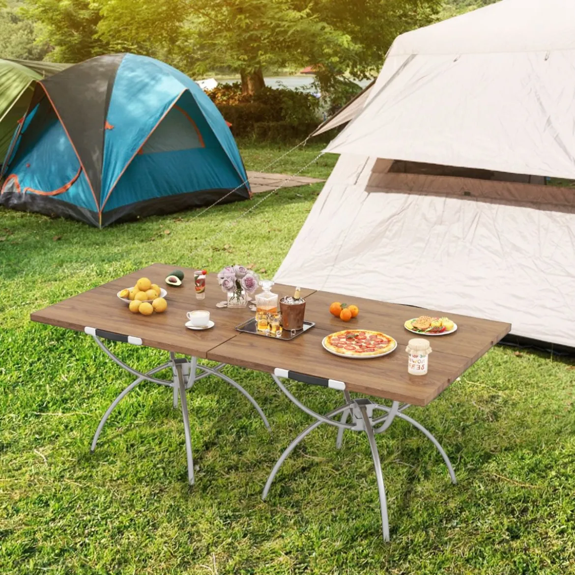 2er Set Faltbarer Campingtisch mit Holzmaserung-Tischplatte & Aluminiumgestell Strandtisch