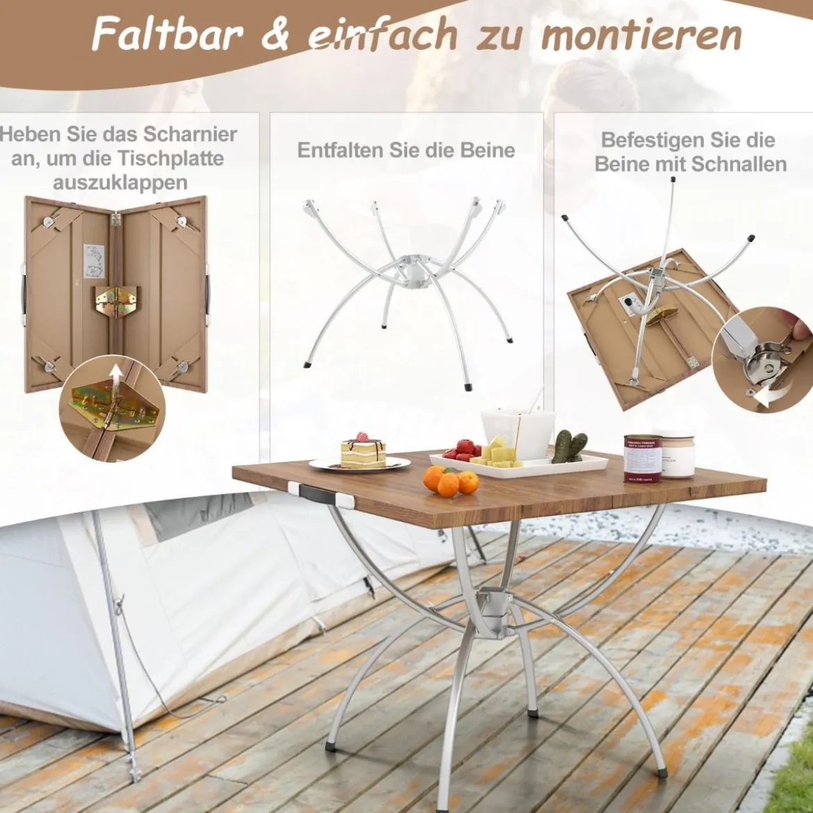 2er Set Faltbarer Campingtisch mit Holzmaserung-Tischplatte & Aluminiumgestell Strandtisch