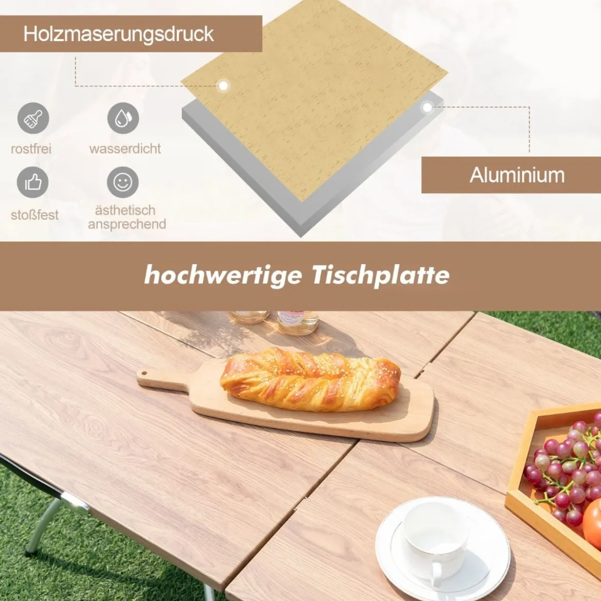2er Set Faltbarer Campingtisch mit Holzmaserung-Tischplatte & Aluminiumgestell Strandtisch