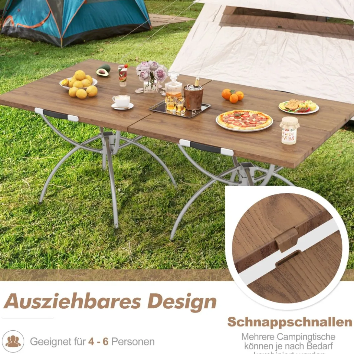 2er Set Faltbarer Campingtisch mit Holzmaserung-Tischplatte & Aluminiumgestell Strandtisch