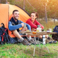 2er Set Faltbarer Campingtisch mit Holzmaserung-Tischplatte & Aluminiumgestell Strandtisch