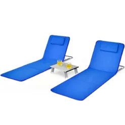 2er Set Faltbare Strandmatte mit 2 Liegestühlen und Beistelltisch 151 x 55,5 x 27-47 Blau