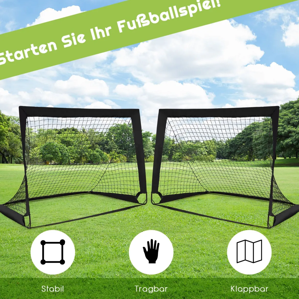 2er Set Fußballtor klappbar Fußball-Tor mit Montagezubehör und Tragetasche faltbares Fußballnetz 120 x 92 x 92cm Schwarz