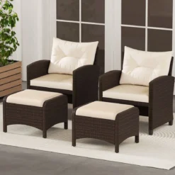 2er Set Fußhocker aus PE-Rattan Gartenhocker mit Abnehmbarem Sitzkissen Metallkonstruktion
