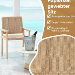 2er Set Gartenstühle Holz Esszimmerstühle mit Seilgeflecht & Rückenlehne & Armlehne Natur