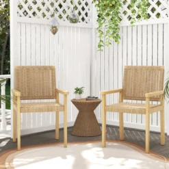 2er Set Gartenstühle Holz Esszimmerstühle mit Seilgeflecht & Rückenlehne & Armlehne Natur