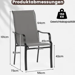 2er Set Gartenstühle mit Hoher Rückenlehne bis 150 kg Belastbar Terrassenstühle Grau