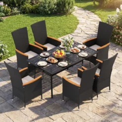 2er Set Gartenstühle mit Sitzkissen & Hochlehner Rattan Gartensessel bis 180 kg Belastbar Beige