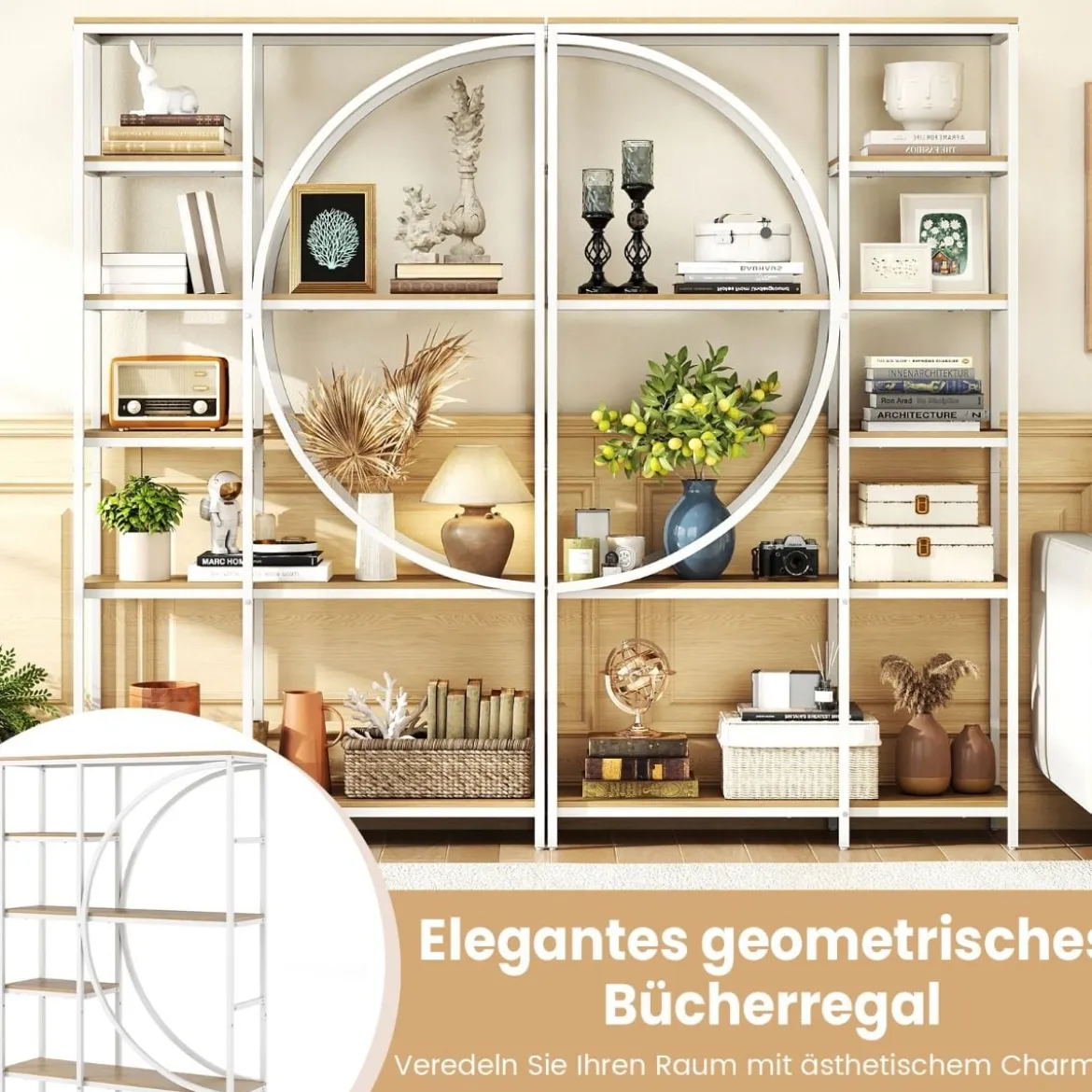 2er Set Geometrisches Bücherregal mit offenen Holzregale & Metallrahmen Büroregal Weiß