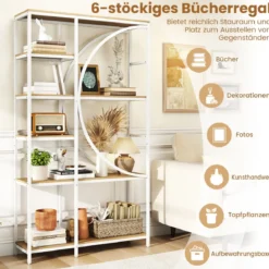 2er Set Geometrisches Bücherregal mit offenen Holzregale & Metallrahmen Büroregal Weiß