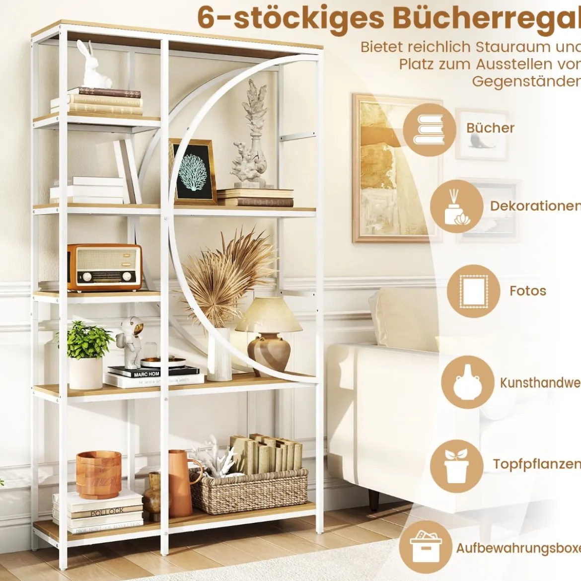2er Set Geometrisches Bücherregal mit offenen Holzregale & Metallrahmen Büroregal Weiß