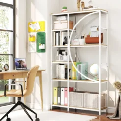 2er Set Geometrisches Bücherregal mit offenen Holzregale & Metallrahmen Büroregal Weiß
