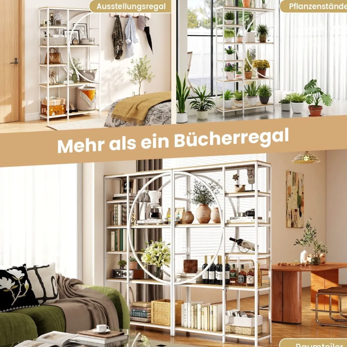 2er Set Geometrisches Bücherregal mit offenen Holzregale & Metallrahmen Büroregal Weiß