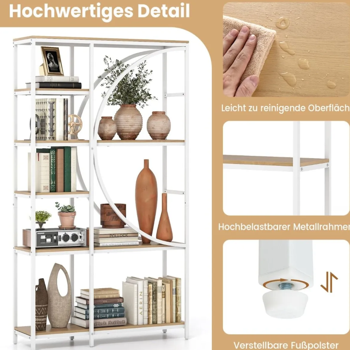 2er Set Geometrisches Bücherregal mit offenen Holzregale & Metallrahmen Büroregal Weiß