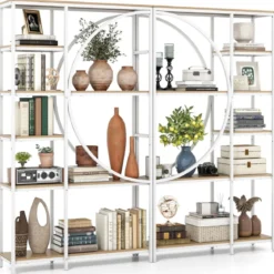 2er Set Geometrisches Bücherregal mit offenen Holzregale & Metallrahmen Büroregal Weiß