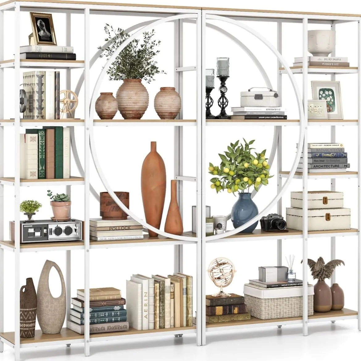 2er Set Geometrisches Bücherregal mit offenen Holzregale & Metallrahmen Büroregal Weiß