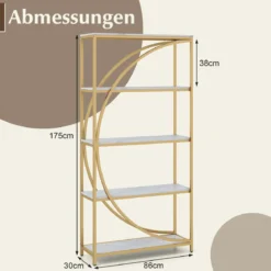 2er Set Geometrisches Bücherregal mit Offenen Holzregale & Metallrahmen Büroregal Standregal Gold & Weiß