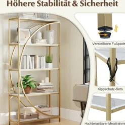2er Set Geometrisches Bücherregal mit Offenen Holzregale & Metallrahmen Büroregal Standregal Gold & Weiß