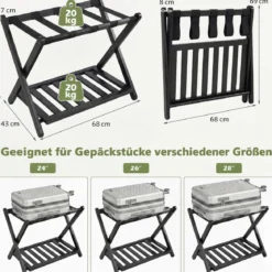 2er Set Gepäckablage Bambus Klappbarer Kofferständer mit Ablagefach Gepäckträger Schwarz