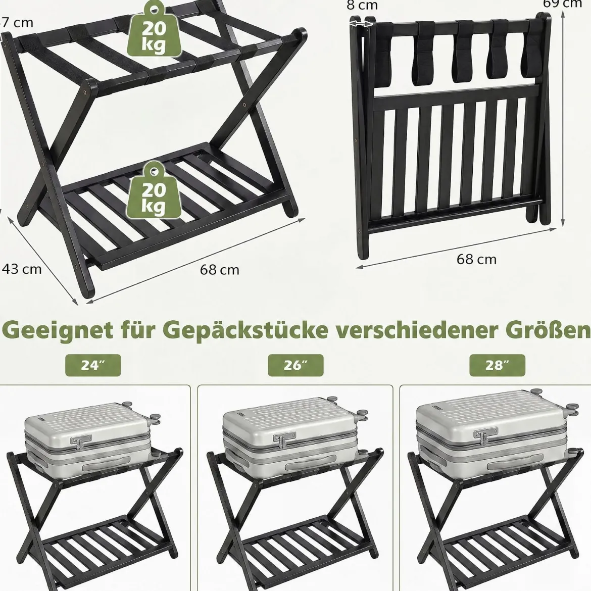 2er Set Gepäckablage Bambus Klappbarer Kofferständer mit Ablagefach Gepäckträger Schwarz