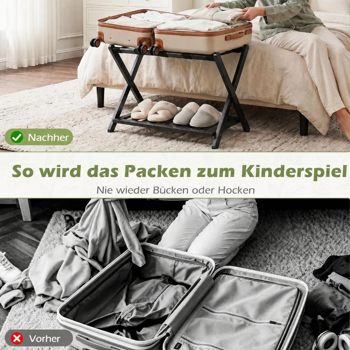 2er Set Gepäckablage Bambus Klappbarer Kofferständer mit Ablagefach Gepäckträger Schwarz
