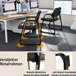 2er Set Gästestühle Ergonomischer Empfangsstuhl mit Metallrahmen & Gepolsterten Armlehnen Schwarz
