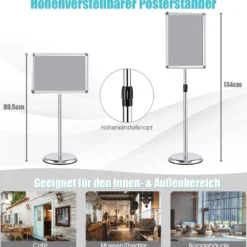 2er Set Höhenverstellbarer A3 Infoständer Drehbarer Plakatständer Kundenstopper Silber