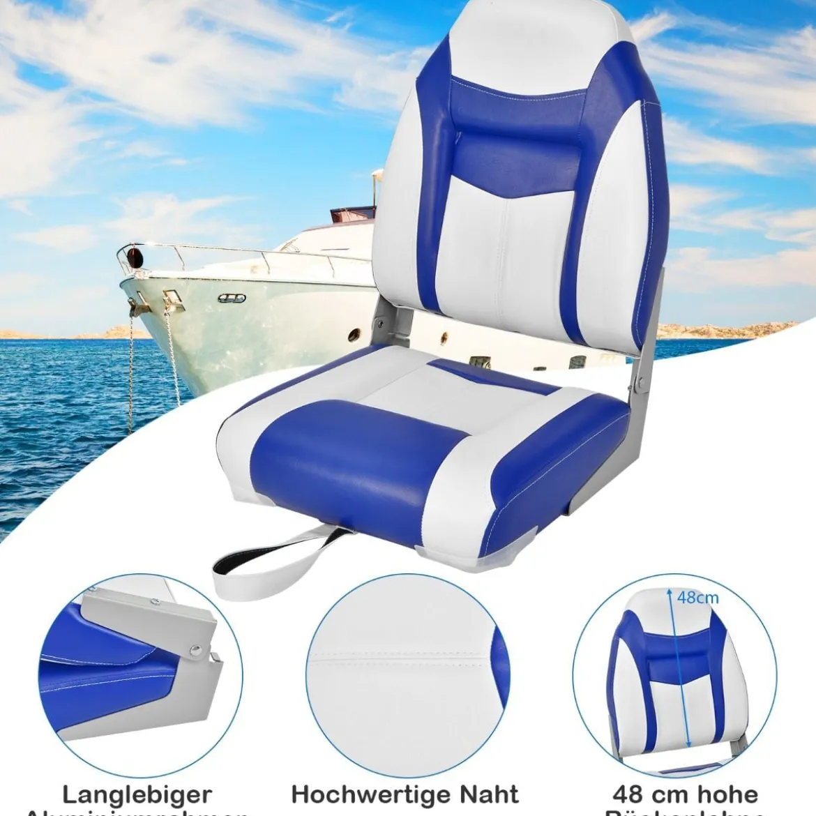 2er Set Hochlehner Bootssitz mit 10 cm Dicker Schwammpolsterung Klappbar Blau Weiß