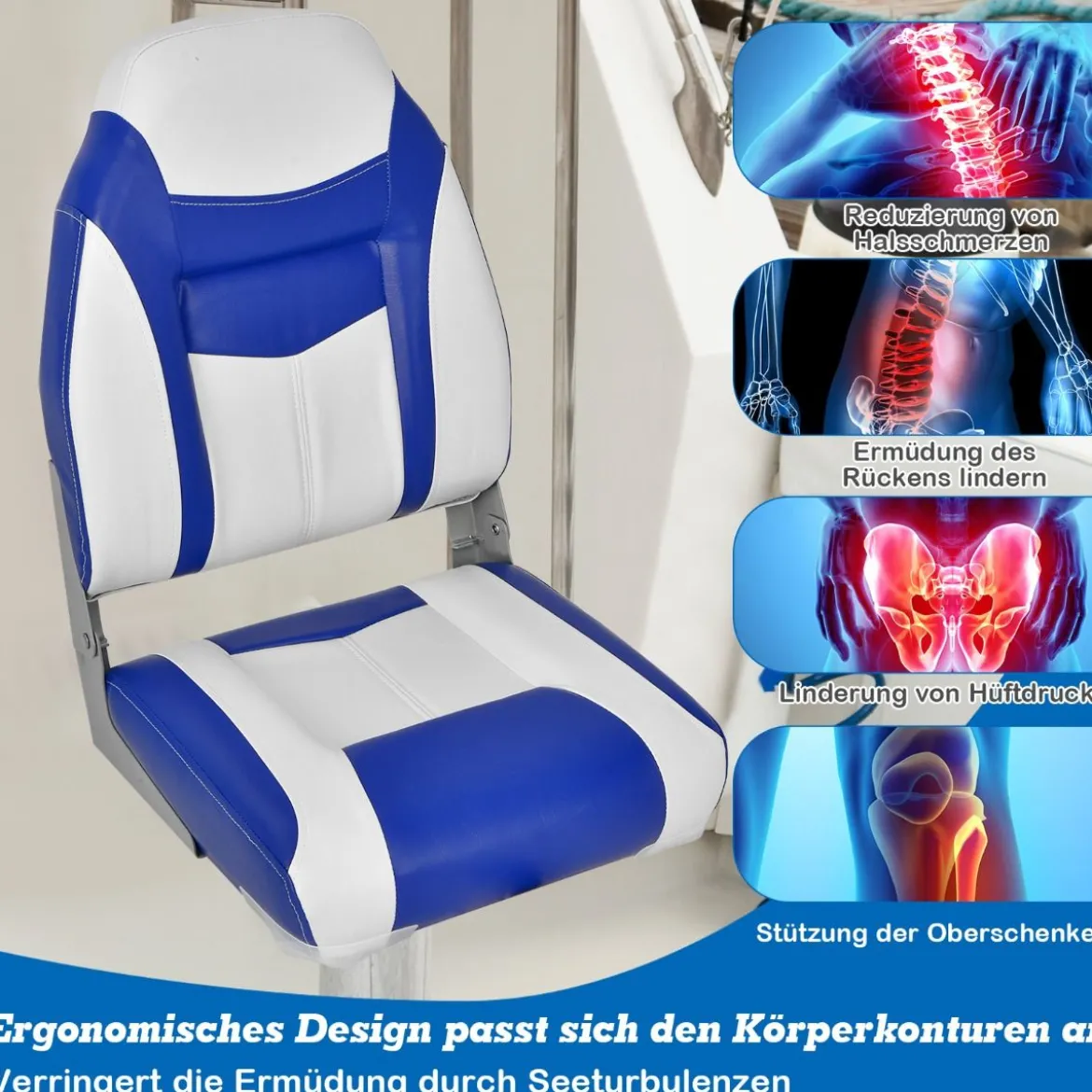 2er Set Hochlehner Bootssitz mit 10 cm Dicker Schwammpolsterung Klappbar Blau Weiß