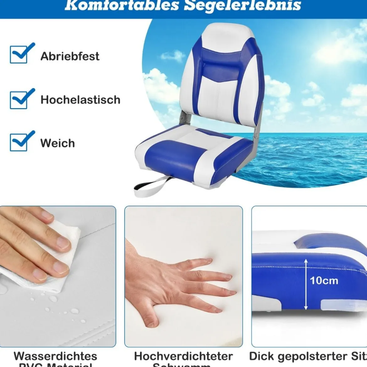 2er Set Hochlehner Bootssitz mit 10 cm Dicker Schwammpolsterung Klappbar Blau Weiß