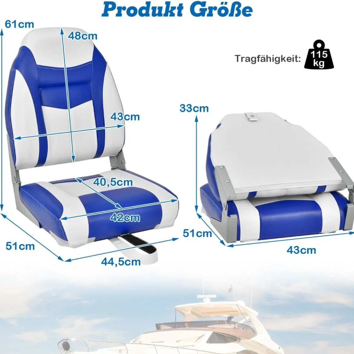 2er Set Hochlehner Bootssitz mit 10 cm Dicker Schwammpolsterung Klappbar Blau Weiß