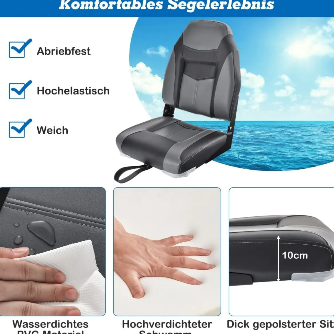 2er Set Hochlehner Bootssitz mit 10 cm Dicker Schwammpolsterung Klappbar Schwarz