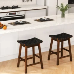 2er Set Holz Hocker mit PU-Gewebe & Geschwungener Sitzfläche & Fußstütze Barhocker