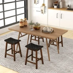 2er Set Holz Hocker mit PU-Gewebe & Geschwungener Sitzfläche & Fußstütze Barhocker