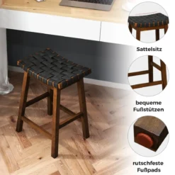 2er Set Holz Hocker mit PU-Gewebe & Geschwungener Sitzfläche & Fußstütze Barhocker