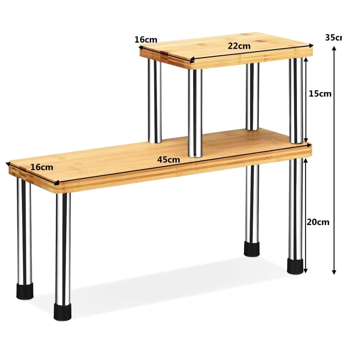 2er Set Küchen Eckregal 2-Ebenen Lagerregal Gewürzregal aus Bambus 45 x 16 x 35 cm Natur + Silber