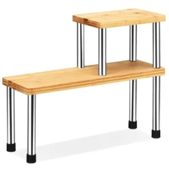 2er Set Küchen Eckregal 2-Ebenen Lagerregal Gewürzregal aus Bambus 45 x 16 x 35 cm Natur + Silber