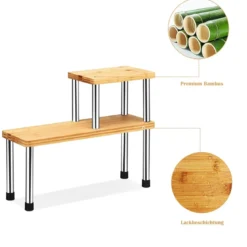 2er Set Küchen Eckregal 2-Ebenen Lagerregal Gewürzregal aus Bambus 45 x 16 x 35 cm Natur + Silber