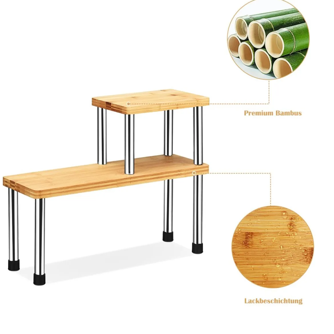 2er Set Küchen Eckregal 2-Ebenen Lagerregal Gewürzregal aus Bambus 45 x 16 x 35 cm Natur + Silber