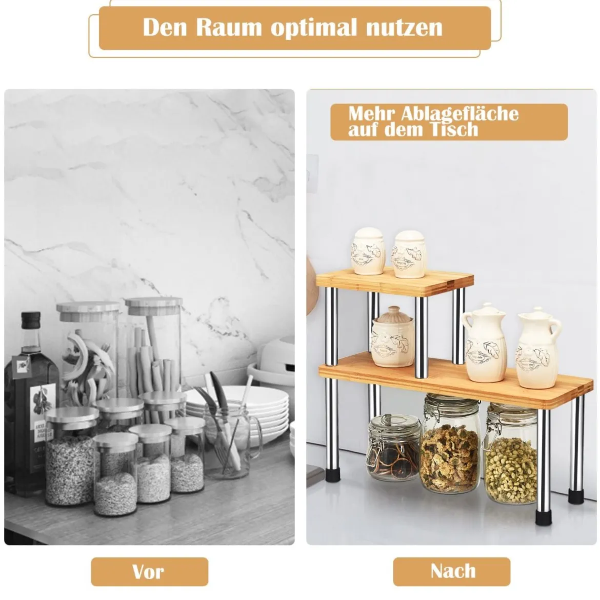2er Set Küchen Eckregal 2-Ebenen Lagerregal Gewürzregal aus Bambus 45 x 16 x 35 cm Natur + Silber