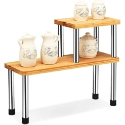 2er Set Küchen Eckregal 2-Ebenen Lagerregal Gewürzregal aus Bambus 45 x 16 x 35 cm Natur + Silber